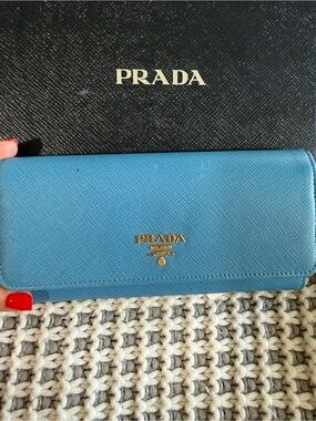 Prada Teal Saffiano Leather Continental Wallet with Gold Logo